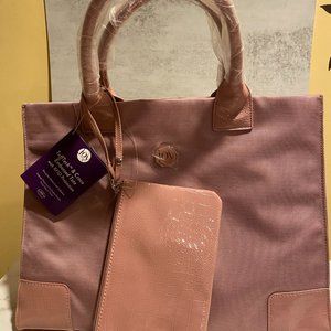 JOY Mangano TuffTech and Croco Embossed Tote & Wristlet with RFID - Mauve/Pink